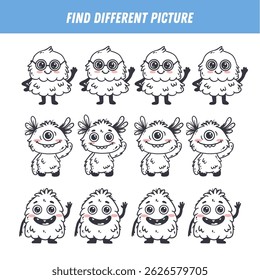 Find different monster each row. Logical game for kids. Cartoon monster. Doodle. Vector

