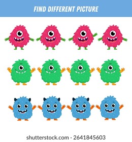 Find different monster each row. Logical game for kids. Cartoon monster. Flat illustration. Vector
