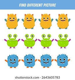 Find different monster each row. Logical game for kids. Cartoon monster. Flat illustration. Vector
