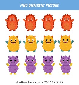 Find different monster each row. Logical game for kids. Cartoon monster. Flat illustration. Vector
