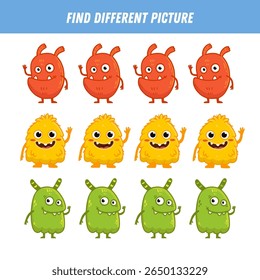Find different monster each row. Logical game for kids. Cartoon monster. Flat illustration. Vector
