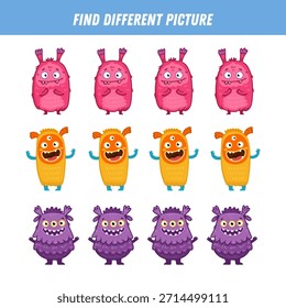Encuentra diferentes monstruos en cada fila. Juego lógico para niños. Monstruo de dibujos animados. Ilustración plana. Vector
