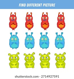 Find different monster each row. Logical game for kids. Cartoon monster. Flat illustration. Vector
