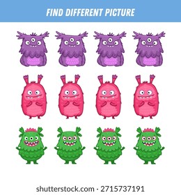 Find different monster each row. Logical game for kids. Cartoon monster. Flat illustration. Vector
