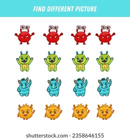 Find different monsters each row. Logical game for kids. Cartoon monster. Vector