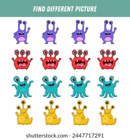 Find different monsters each row. Logical game for kids. Cartoon monster. Halloween game. Vector