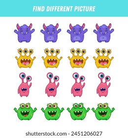Find different monsters each row. Logical game for kids. Cartoon monster. Vector