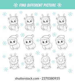 Find different owl in each row and color. Logical game for kids. Cartoon cute owlet. Winter Christmas game. Xmas activity. Vector