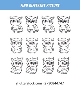 Find different owl each row. Logical game for kids. Cartoon owlet. Doodle style. Vector
