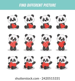 Find different panda bear in each row. Logical game for kids. Cartoon cute teddy bear with heart. Vector illustration