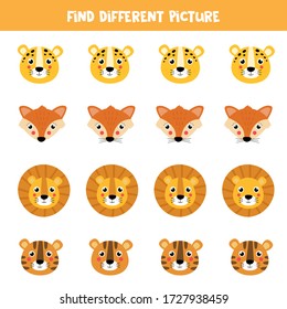 Find different picture of animals in each row. Logical game for kids.