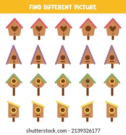 Find different picture of cartoon birdhouse in each row. Logical game for girls.