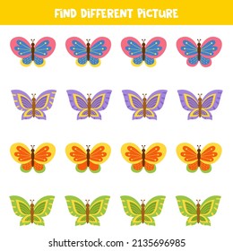 Find different picture of cute butterfly in each row. Logical game for girls.