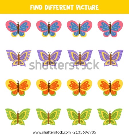 Find different picture of cute butterfly in each row. Logical game for girls.