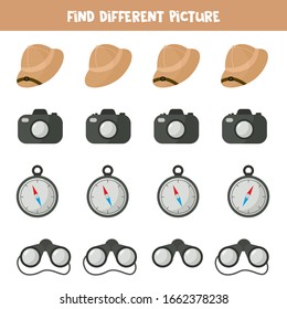 Find different picture in each row. Touristic equipment for safari trip. Logical game for kids.