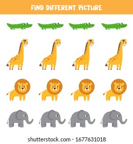 Find different picture in each row. African animals set. Educational game for kids.