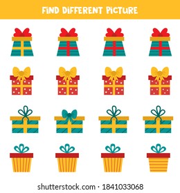 Find different picture in each row. Set of cartoon present boxes.