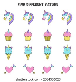 Find different picture in each row. Logical game for girls.