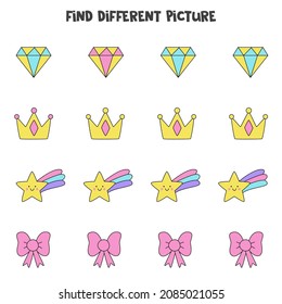 Find different picture in each row. Logical game for girls.