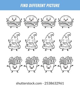 Localizar imagem diferente em cada linha. Jogo lógico para crianças. Personagem de desenho animado. Rabiscar.  Página de jogo educacional .Atividade com personagens de fast food. hambúrguer de desenho animado, fatia de pizza, batatas fritas. Vetor