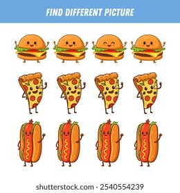 Find different picture each row. Logical game for kids. Cartoon character. Educational game. Activity page with fast food characters. Cartoon hamburger, slice of pizza, hot dog. Vector