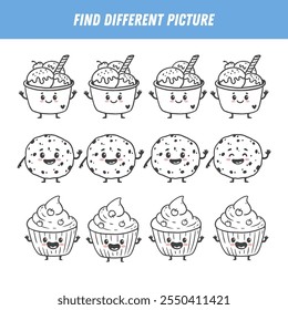 Find different picture each row. Logical game for kids. Cartoon character. Doodle. Educational game .Activity page with food characters. Cartoon cupcake, cookie, ice cream. Vector
