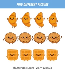 Find different picture each row. Logical game for kids. Cartoon character. Croissant, cookie, viennese waffle in flat style. Vector illustration