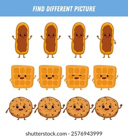 Find different picture each row. Logical game for kids. Cartoon character. Eclair, cookie, viennese waffle in flat style. Vector illustration
