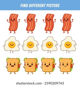 Find different picture each row. Logical game for kids. Cartoon character. Cartoon bacon character, fried egg, sandwich in flat style. Vector illustration
