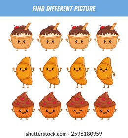 Find different picture each row. Logical game for kids. Cartoon character. Ice cream, cupcake, croissant in flat style. Vector illustration
