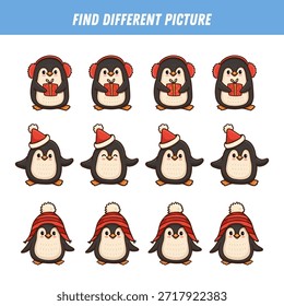 Encuentra una imagen diferente en cada fila. Juego lógico con pingüinos para niños. Caricatura. Juego educativo. Página de actividad con divertido pingüino. Vector