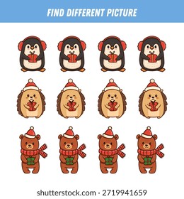 Encuentra una imagen diferente en cada fila. Juego lógico con animales para niños. Caricatura. Navidades Juego educativo. Página de actividades con animales divertidos. Vector