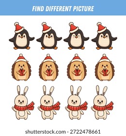 Encuentra una imagen diferente en cada fila. Juego lógico con animales para niños. Caricatura. Navidades Juego educativo. Página de actividades con animales divertidos. Vector