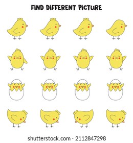 Encuentra una imagen diferente del pollo de Pascua en cada fila. Juego lógico para niñas.
