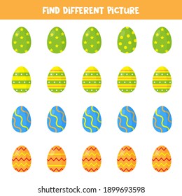 Find different picture of Easter eggs. Educational logical game for kids.