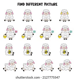 Find different picture of Easter sheep in each row. Logical game for girls.
