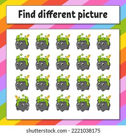 Find different picture. Educational activity worksheet for kids and toddlers. Game for children. Vector illustration.