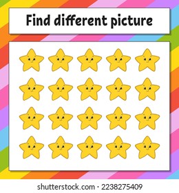Find different picture. Educational activity worksheet for kids and toddlers. Game for children. Vector illustration.