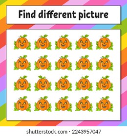 Find different picture. Educational activity worksheet for kids and toddlers. Game for children. Vector illustration.