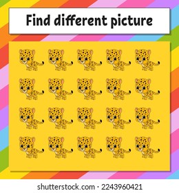 Find different picture. Educational activity worksheet for kids and toddlers. Game for children. Vector illustration.