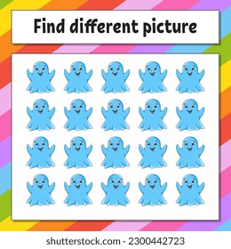 Find different picture. Educational activity worksheet for kids and toddlers. Game for children. Vector illustration.