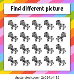 Find different picture. Educational activity worksheet for kids and toddlers. Game for children. Vector illustration.