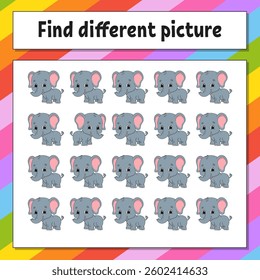Find different picture. Educational activity worksheet for kids and toddlers. Game for children. Vector illustration.