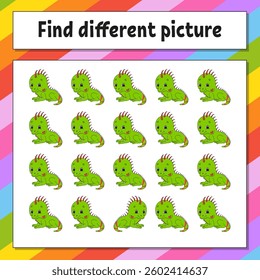 Find different picture. Educational activity worksheet for kids and toddlers. Game for children. Vector illustration.