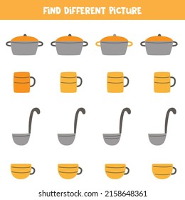 Encontrar diferentes imágenes de utensilios de cocina en cada fila. Juego lógico para niñas.