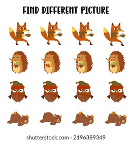 Find different picture. Logical game for children. Autumn animals. Fox, owl, hedgehog, bear. Kindergarten, preschool. Fun task. 