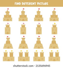 Find different picture of sand castle in each row. Logical game for girls.