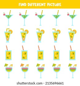 Find different picture of summer cocktail in each row. Logical game for girls.