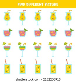 Find different picture of summer cocktail in each row. Logical game for girls.