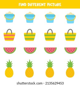 Find different picture of summer items in each row. Logical game for girls.